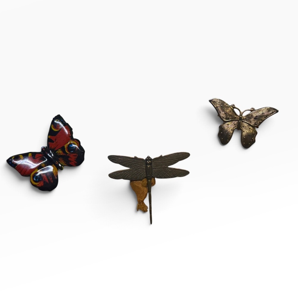 Vintage Insect Brooch Set Butterfly Dragonfly Enameled Gold Tone Bronze 3pc Lot